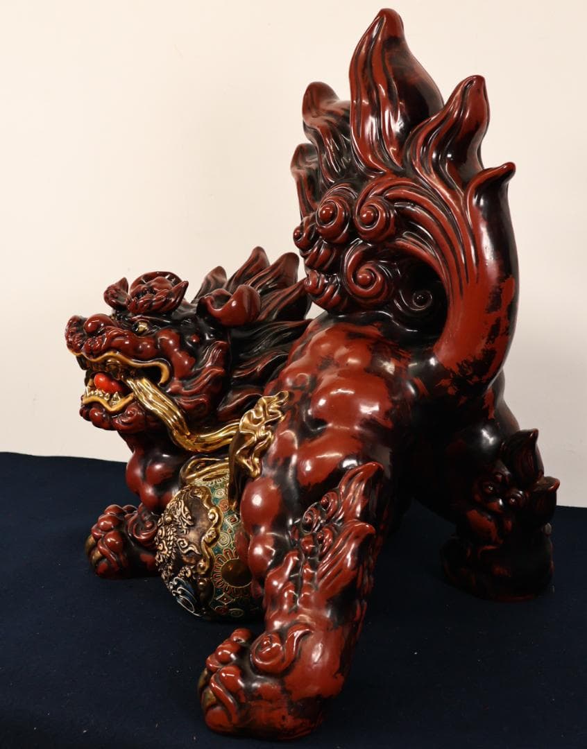 Anne　BK482　九谷 八幡窯 須栄義　玉獅子　龍　置物　床飾　高さ5
