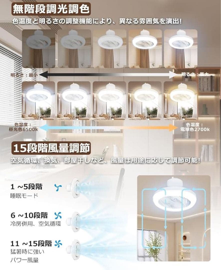 【15段階風量ファン付きシーリングライト】8畳-12畳　アプリ対応　リモコン