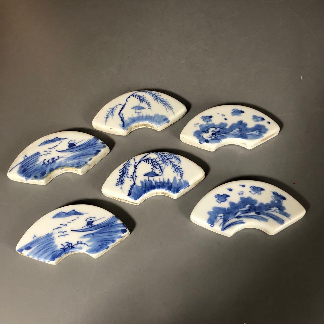 ◆574◆古染付 山水図 扇面形陶板6枚 プレート 古玩 骨董 唐物　中国美術