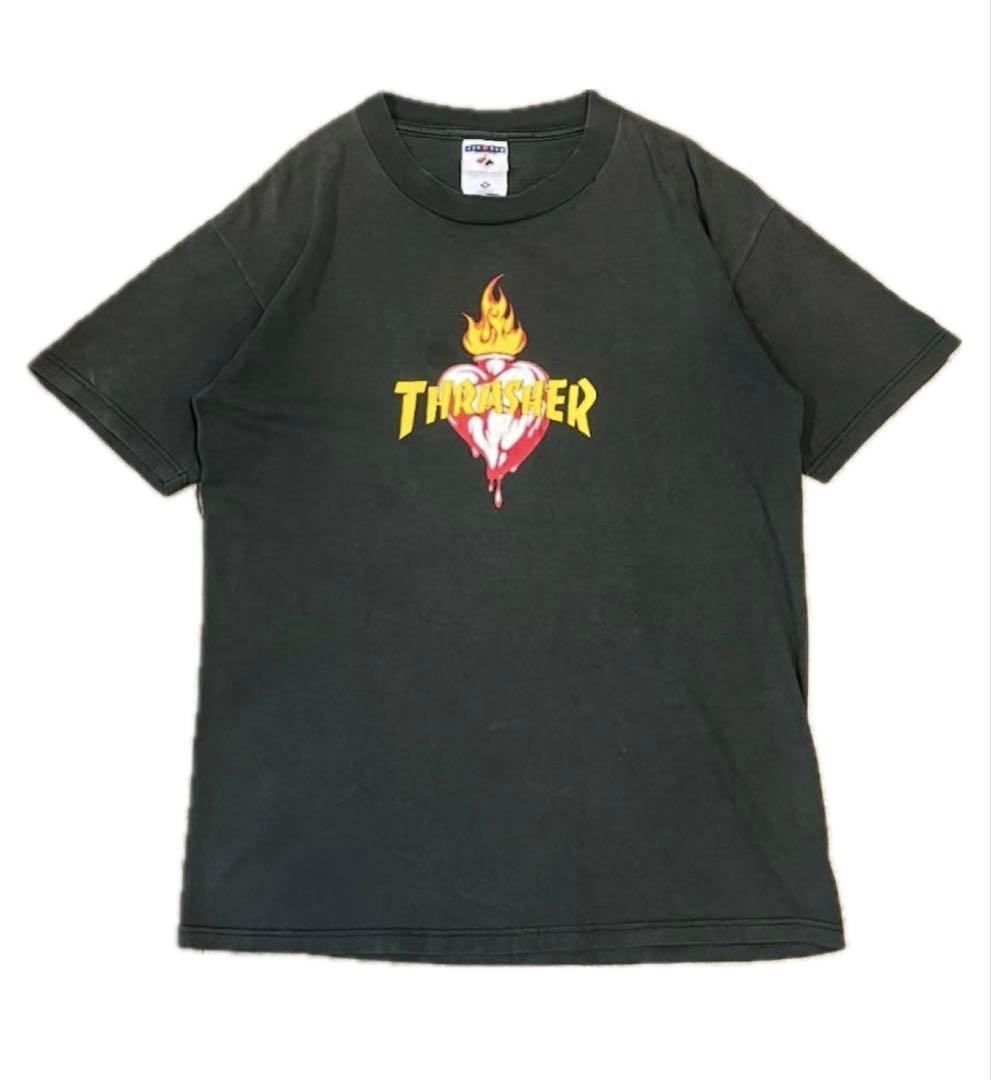 激レア THRASHER ファイヤーハートロゴ Tシャツ Mアッシュグレー