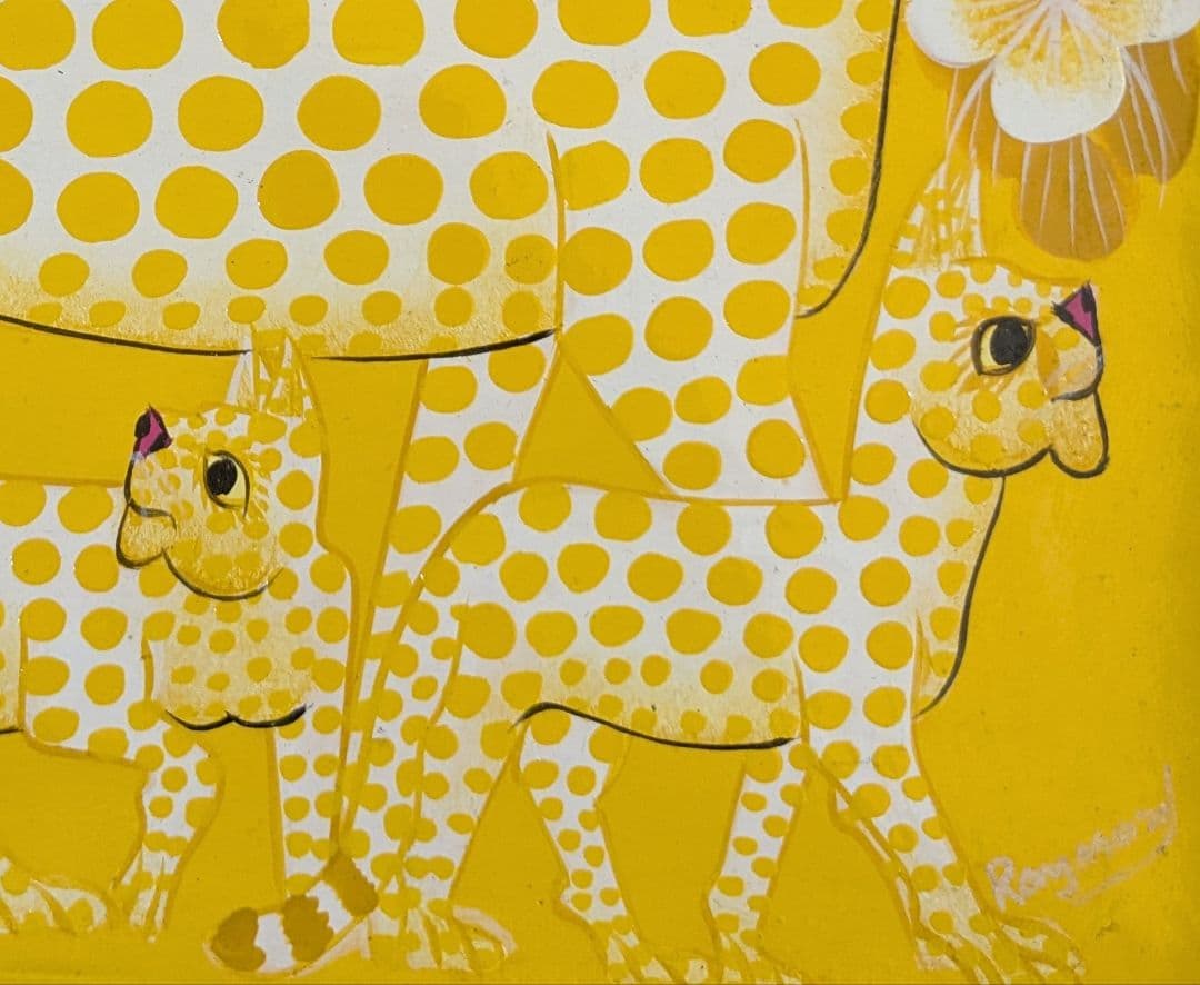 ●アフリカの絵画、ティンガティンガ、チーター、イエロー、20×20cm