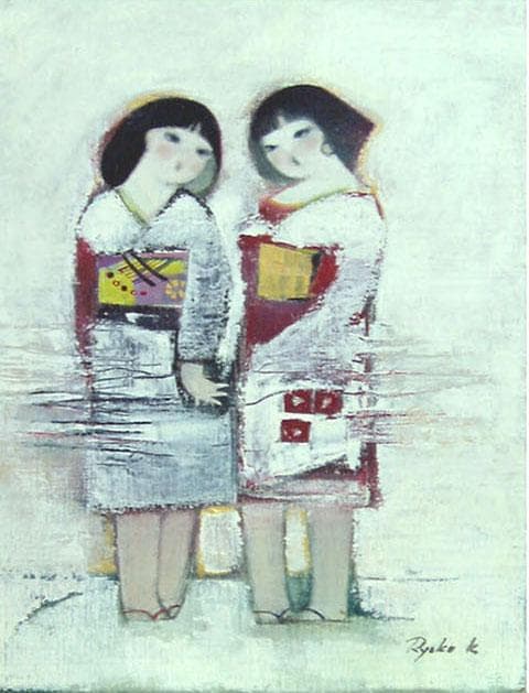 油絵 菅家令子 絵 絵画インテリア額付(青緑＋金色の枠)F4-252023 女子