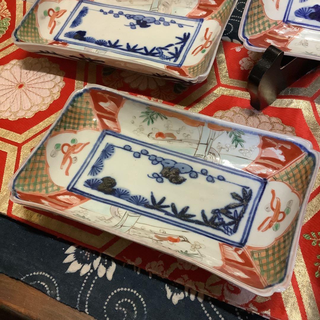 古伊万里　絵皿　金欄色絵　長方皿　5客　幕末　輪島塗・大聖寺・九谷・李朝好きにも