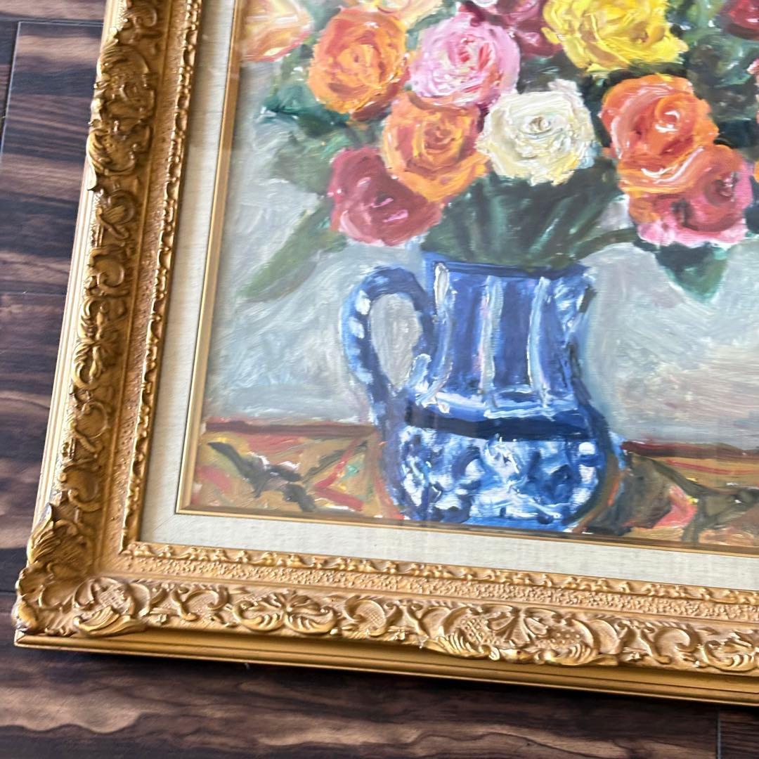 朝比奈文雄「薔薇」油彩 F8 額装 日展評議員 油絵 油画 絵画