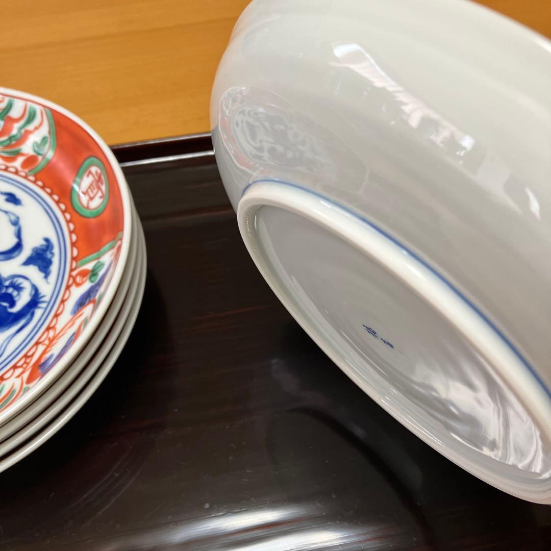 【未使用】たち吉　間取赤絵　獅子鳳凰丸紋　中皿　盛り皿　5P