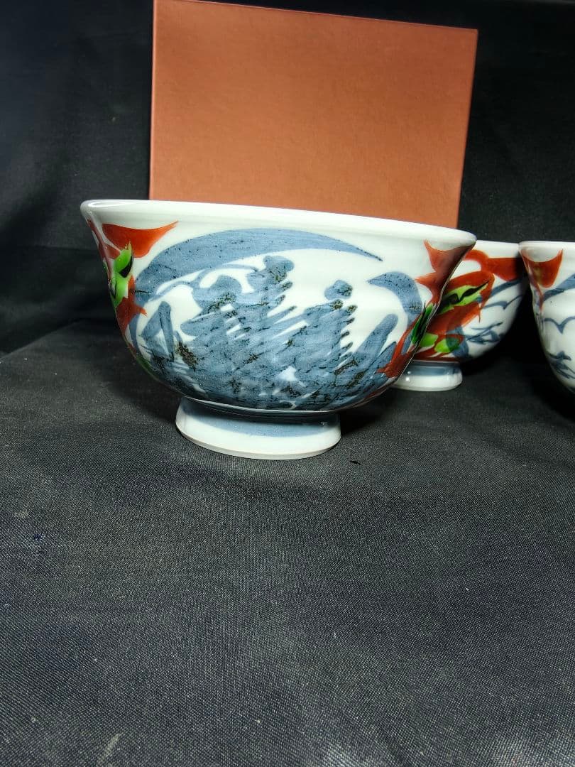 陶芸家梅田純一作品 赤絵手描き 茶碗3客揃い 共箱 蒐集家放出美品 未使用蔵出