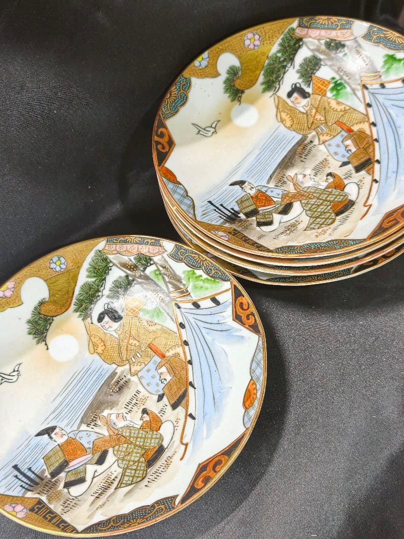 九谷焼 極上色絵金彩皿 手書き風景人物文 明治骨董 蒐集家放出美品 ほぼ未使用