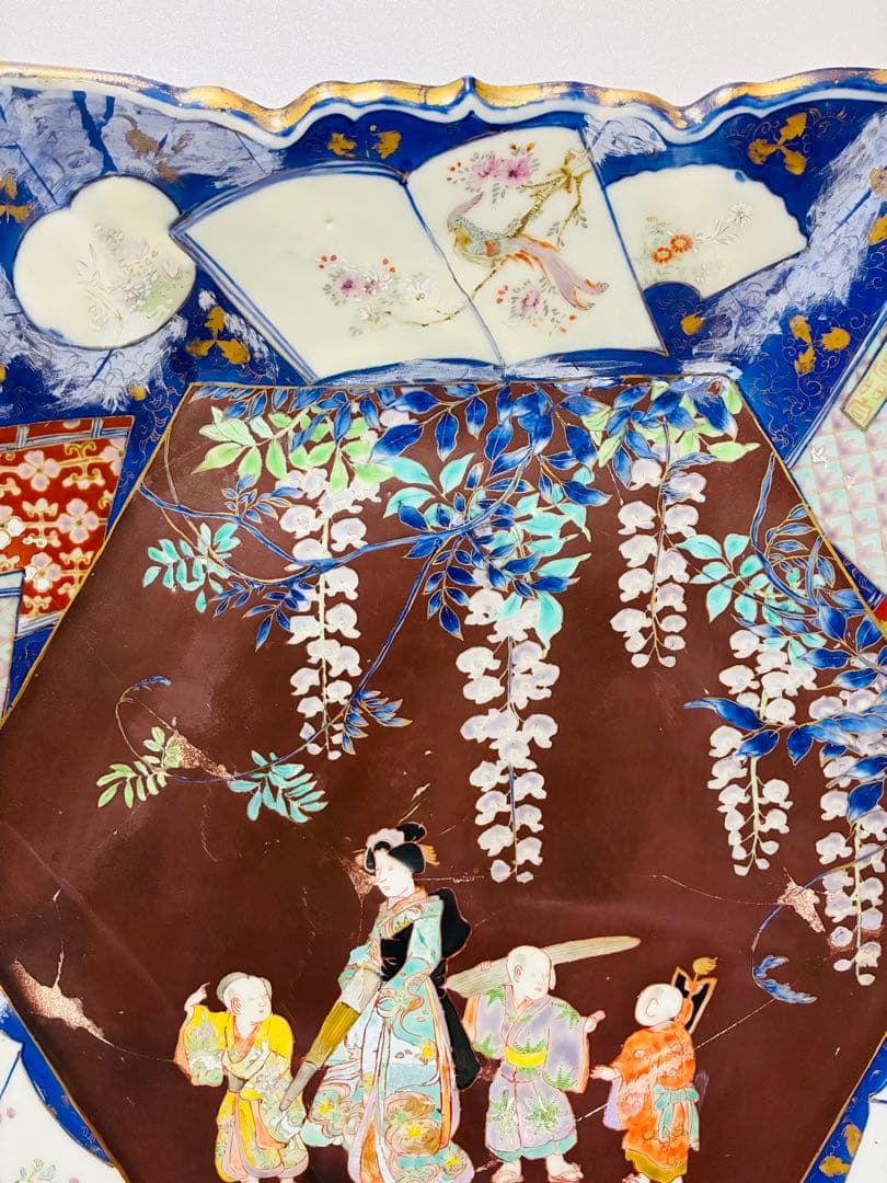 お値下❌ 明治 初期 香蘭社 色絵褐地藤絵人物文 ブラックホーソン六角大皿