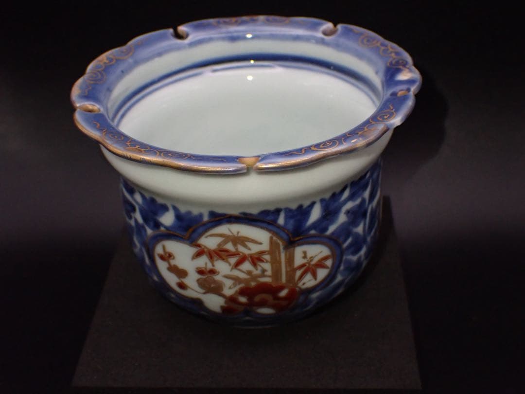 【完品】古伊万里<葉唐草 窓絵 松竹梅>そば猪口 江戸後期 （青25）
