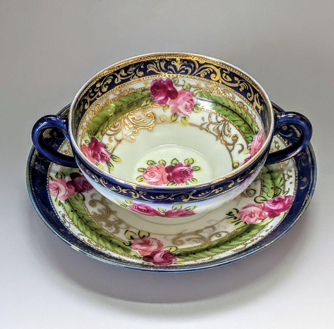 オールドノリタケ メープルリーフ印コバルト金盛上 薔薇文様 カップ＆ソーサー