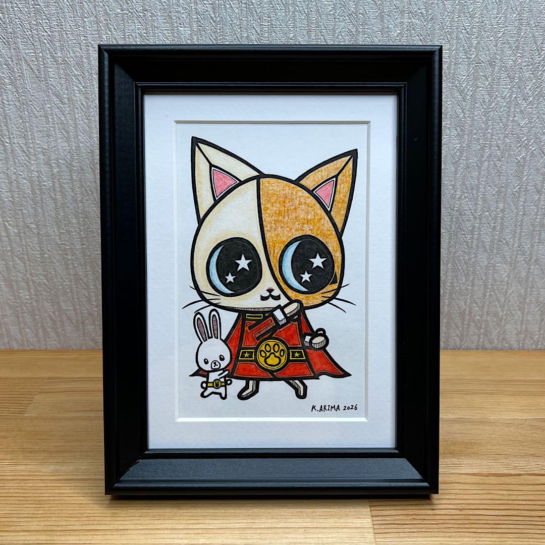 戦隊ヒーロー 原画 絵 手描き 癒し 猫 アート 一点物 額縁付 『レッド』