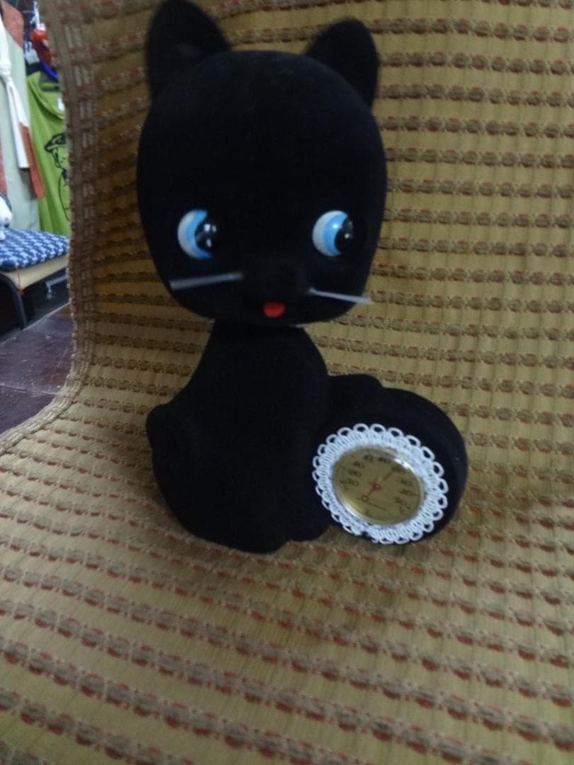 新品未使用品1970年代当時もの●アンティーク黒猫首振り室内温度計付き貯金箱