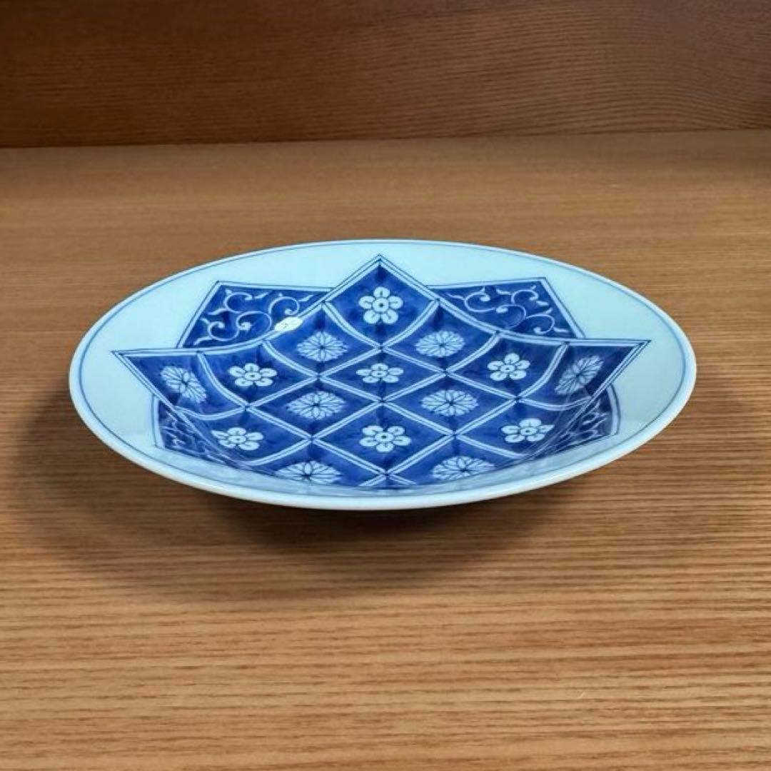 有田焼 李荘窯：染付格子花濃 6寸皿 2枚セット☆