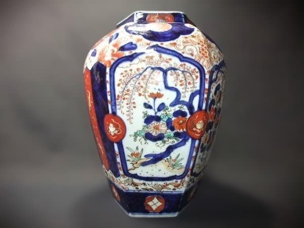 古伊万里 染付 色絵 花文 六角 花生 花瓶 時代物 骨董