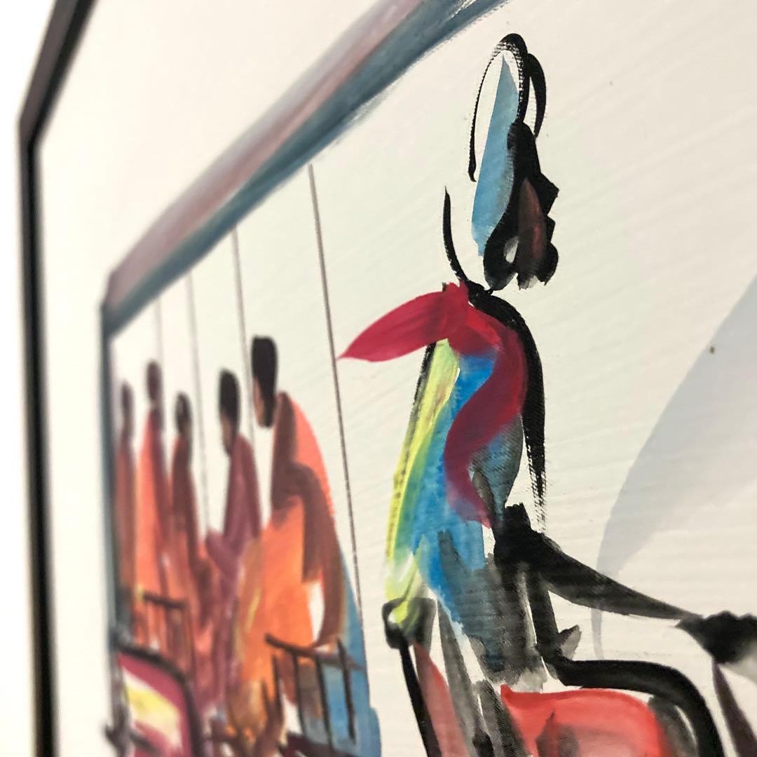 【カンボジアで購入】絵画 人力車 僧侶 アート フレーム付き アクリル