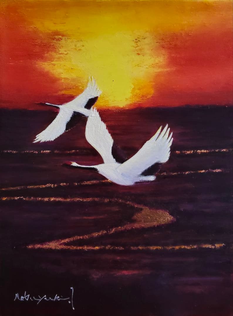 油絵混合技法 緋色の飛翔　洋画家池畠史幸新作真筆画