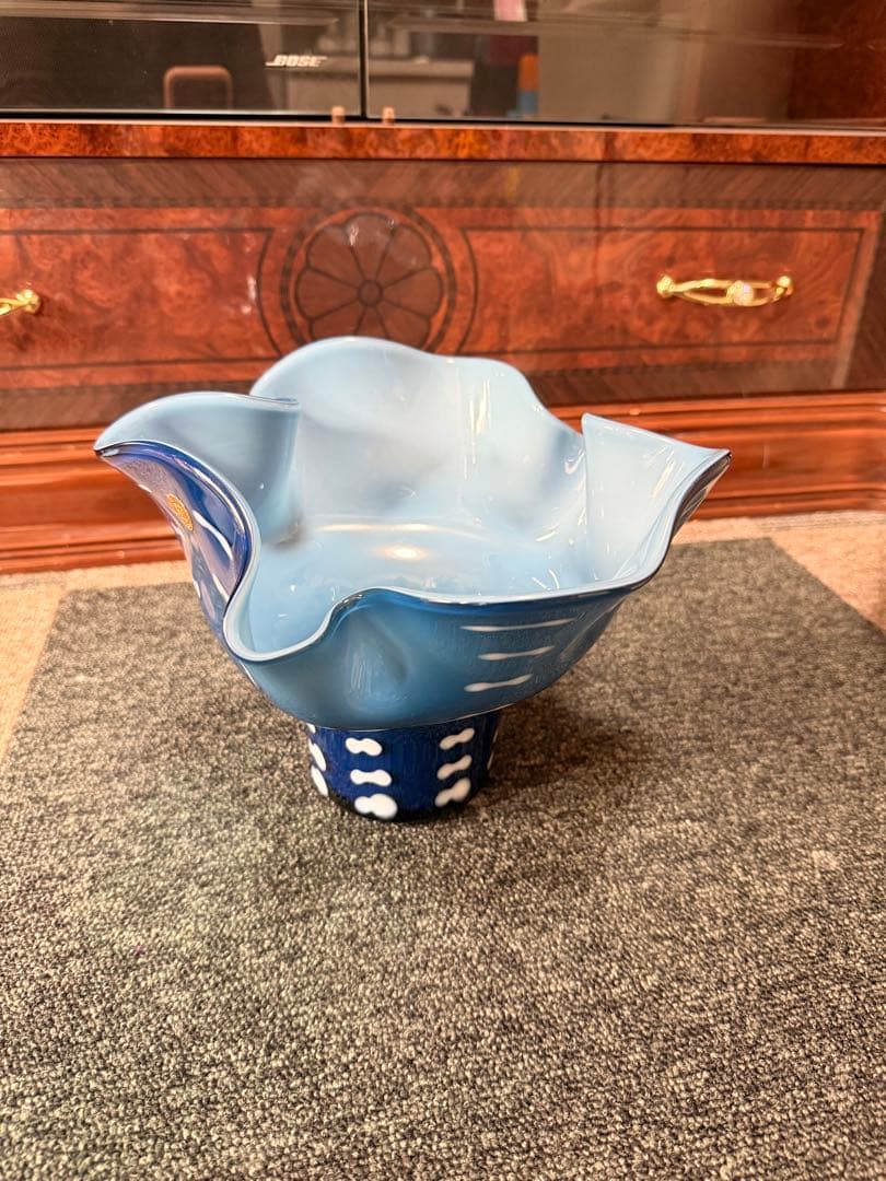 Glass Flower Vase ガラス花瓶 ブルー系 アートガラス 希少