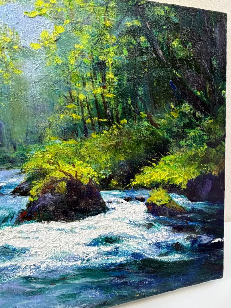 高橋一善 新緑の奥入瀬 額縁なし 油絵 現状品