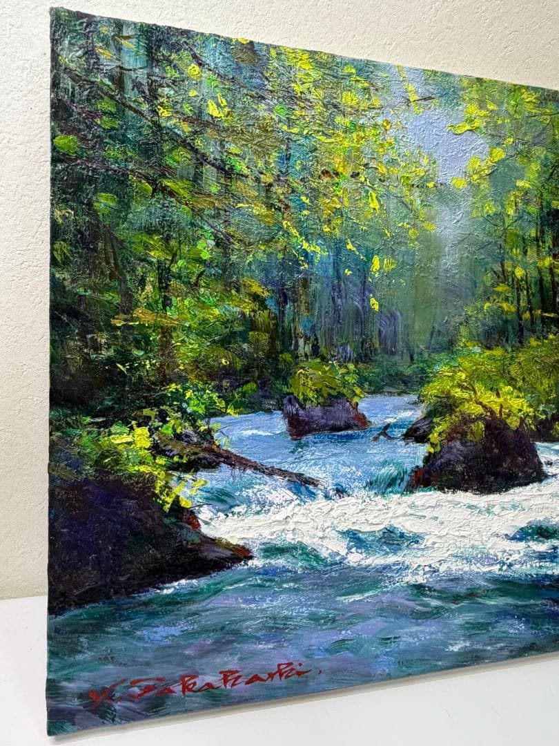 高橋一善 新緑の奥入瀬 額縁なし 油絵 現状品