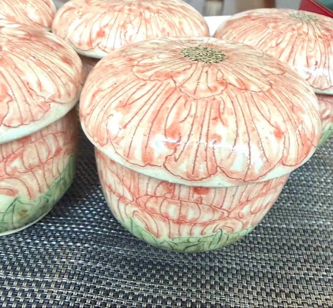 赤絵淡花茶碗蒸し 湯のみ デザート椀 5点セット器 花柄