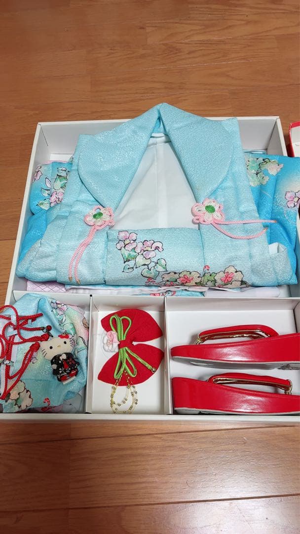 【美品】七五三　3歳用 水色花柄着物セット