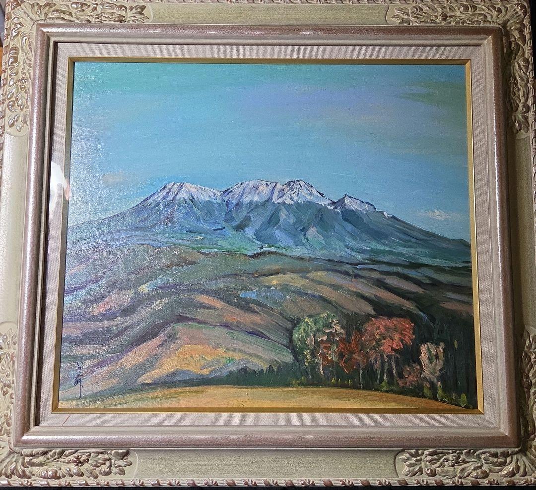 【美品】 10号サイズ 肉筆油彩風景画 銀飾額縁フレームつき「御嶽山初雪の情景」