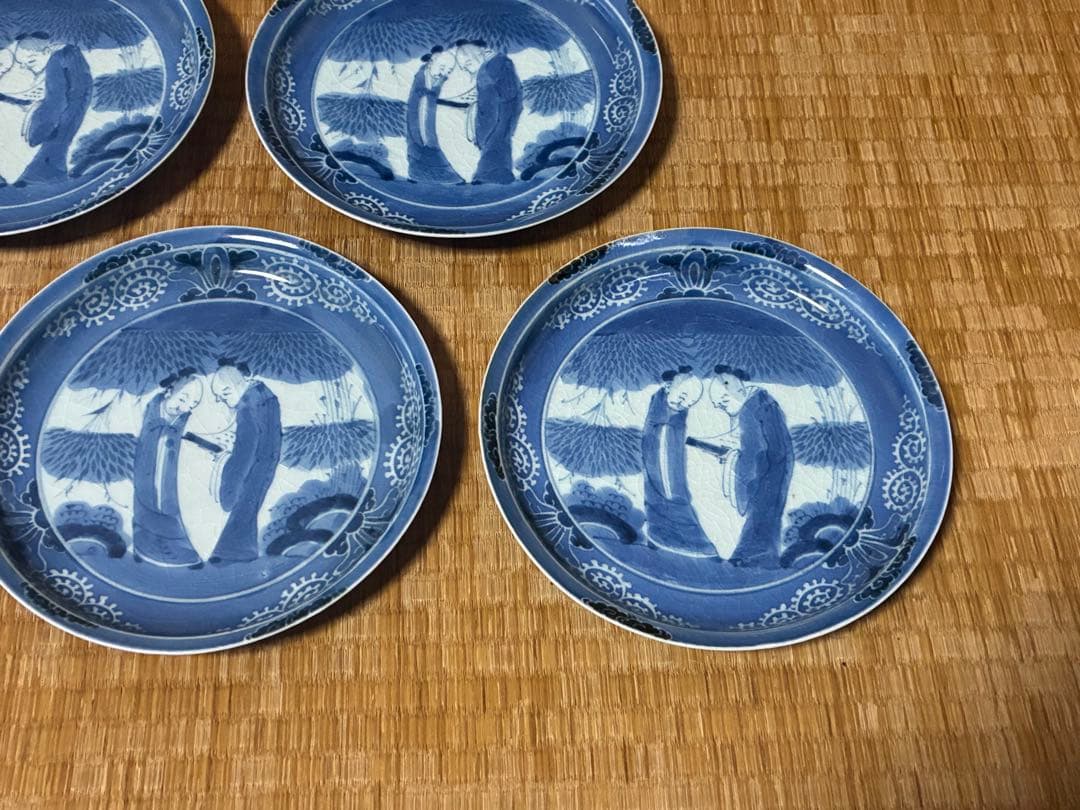 古伊万里 染付 竹林賢人図 富貴長春 五枚揃い 時代物