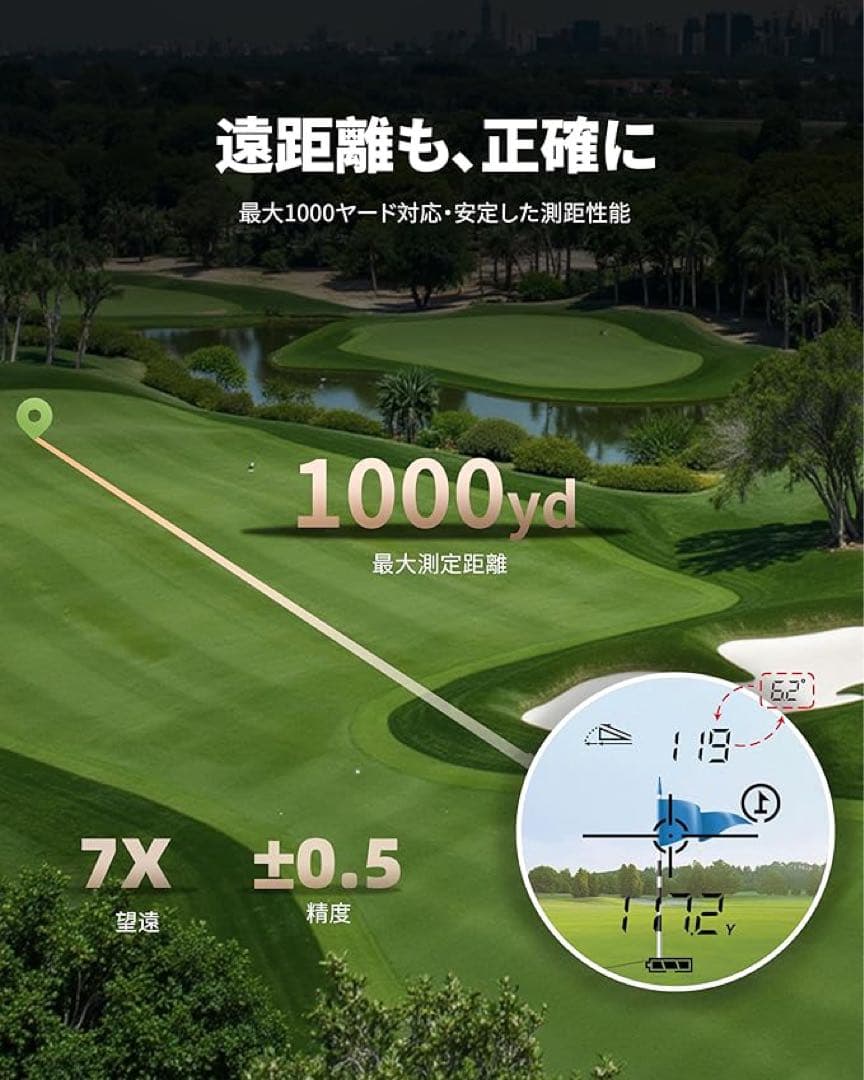ゴルフ距離計T80 ピンロック 7倍望遠 1000yd 防水 Type-C充電