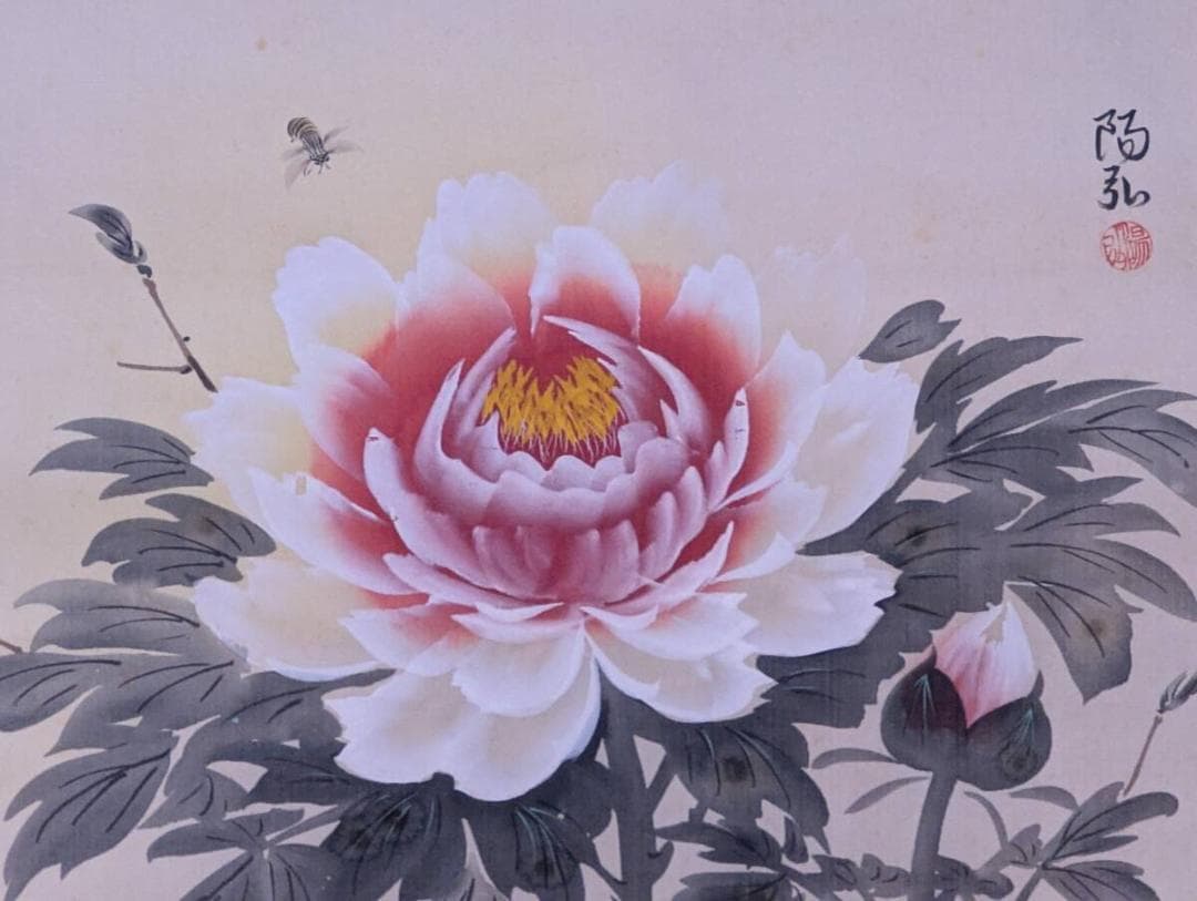 【真作】掛軸　牡丹図　華麗なる百花の王　華やかな吉祥画　合箱入　R89