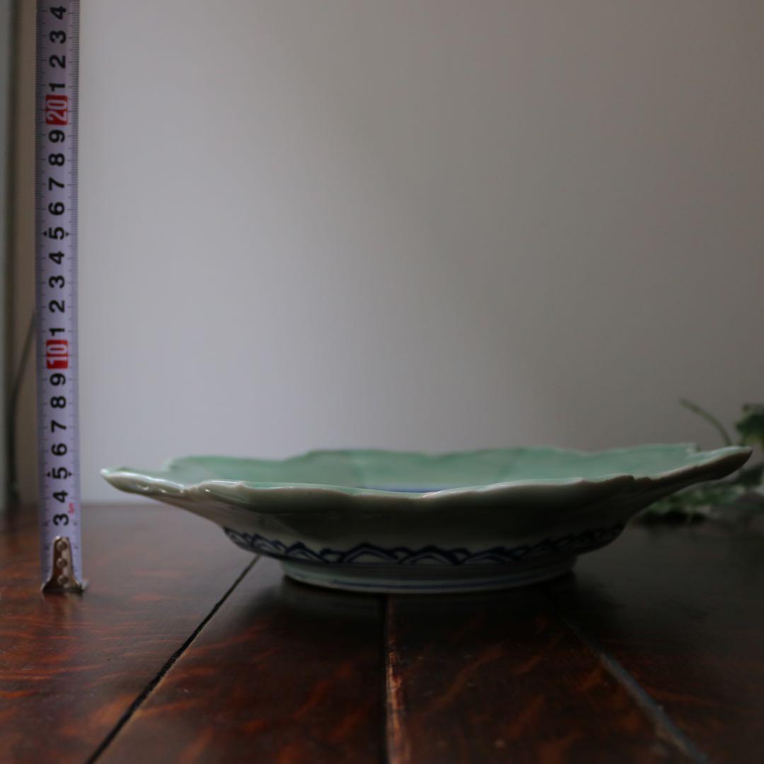 伊万里 染付青磁　草花文 輪花大皿 玩銘 骨董古美術古民藝茶道具懐石