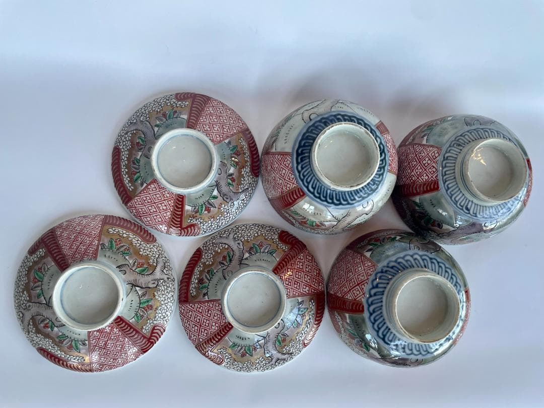 明治 古伊万里 色絵 金彩 金蘭手 桜花文 蓋付椀 3客揃 煮物椀 蒸碗 時代