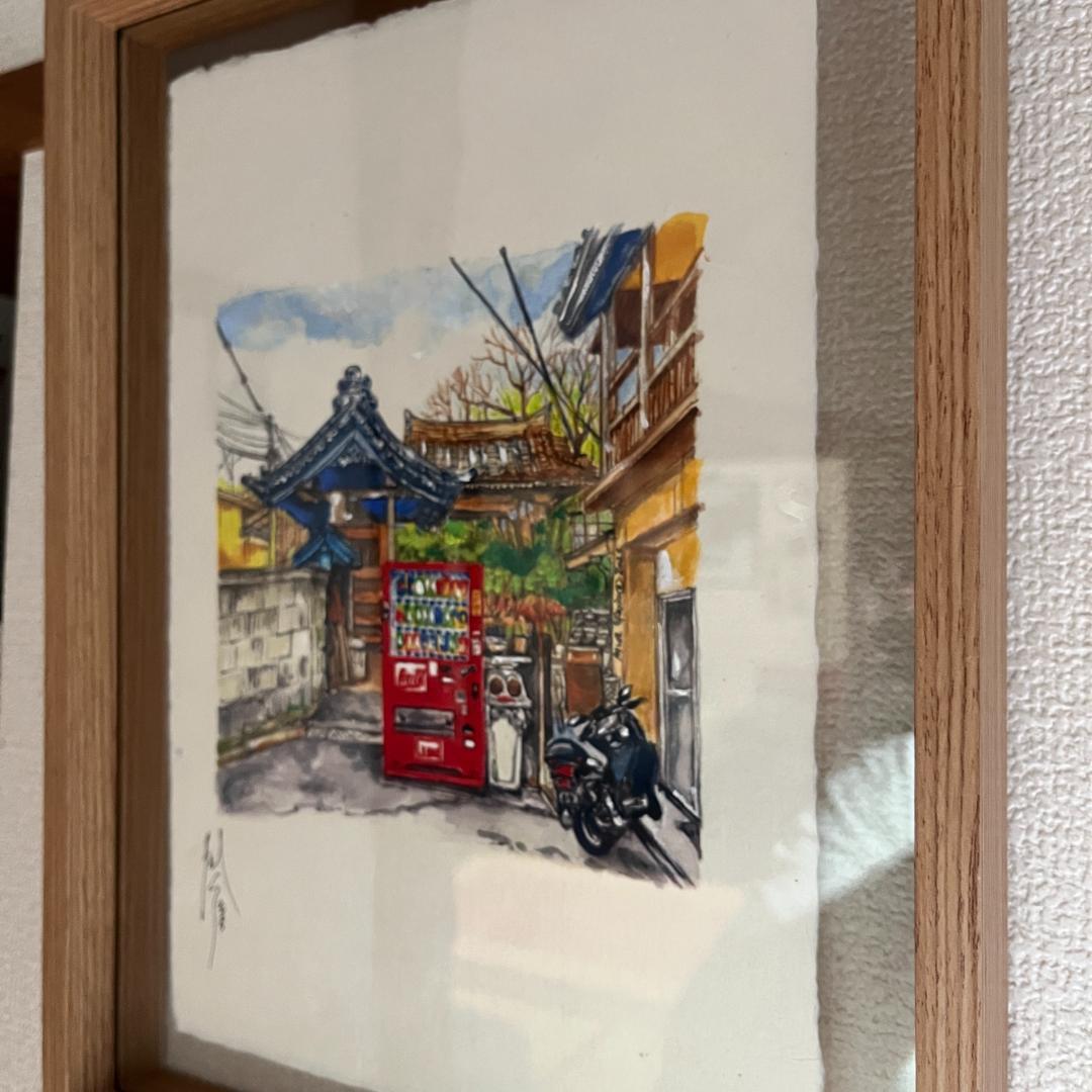 水彩画 自動販売機と日本の街並み
