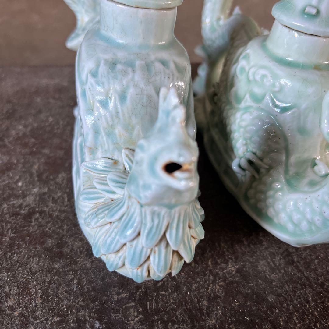 実家整理 古い青磁の置物二点　水注？
