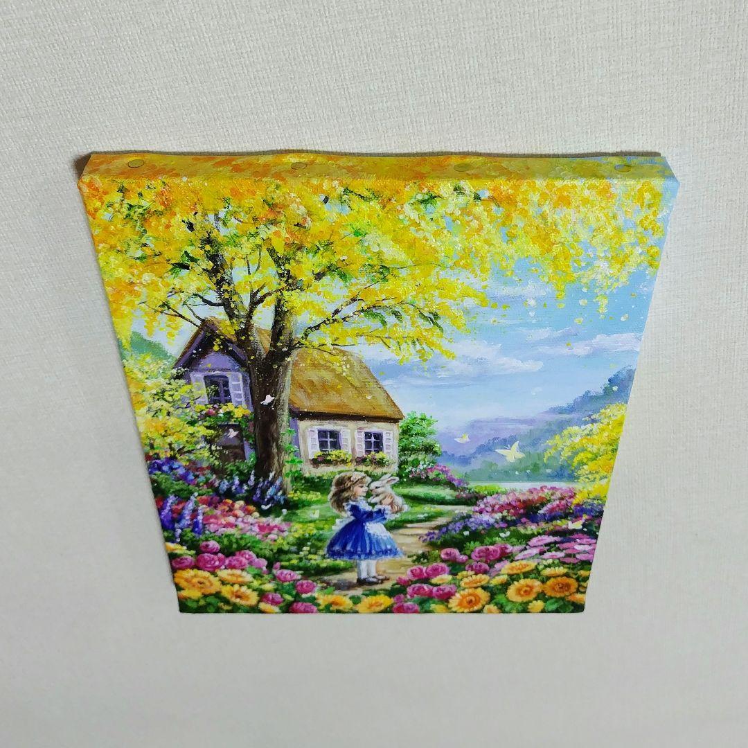【ミモザの咲く家】アクリル画 F3 風景画 絵画