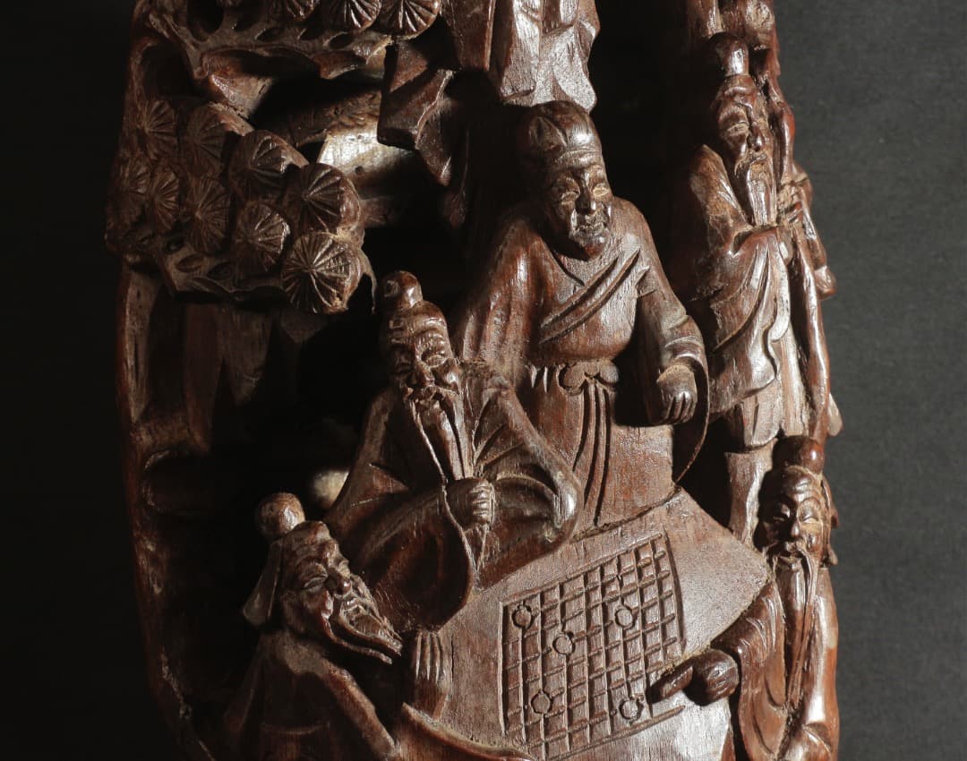 清代 竹根雕 商山四皓図置物 高約42cm 囲碁人物群像 中国美術 CL0002