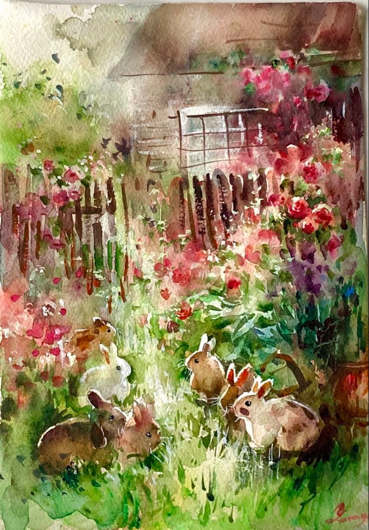 水彩画 原画 庭のうさぎ
