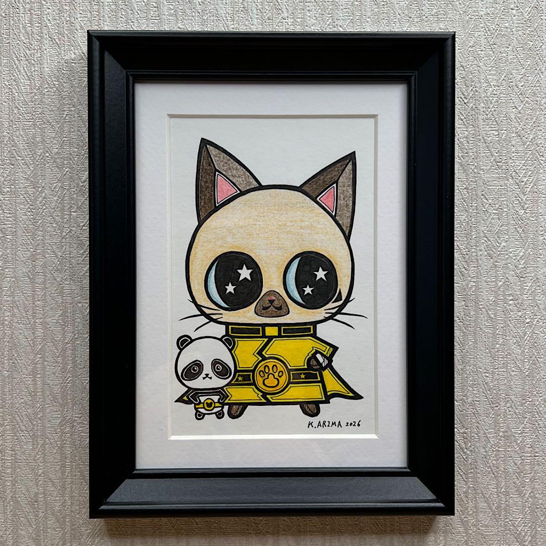 動物 原画 絵 手描き 癒し 猫 アート 一点物 額縁付『イエロー』