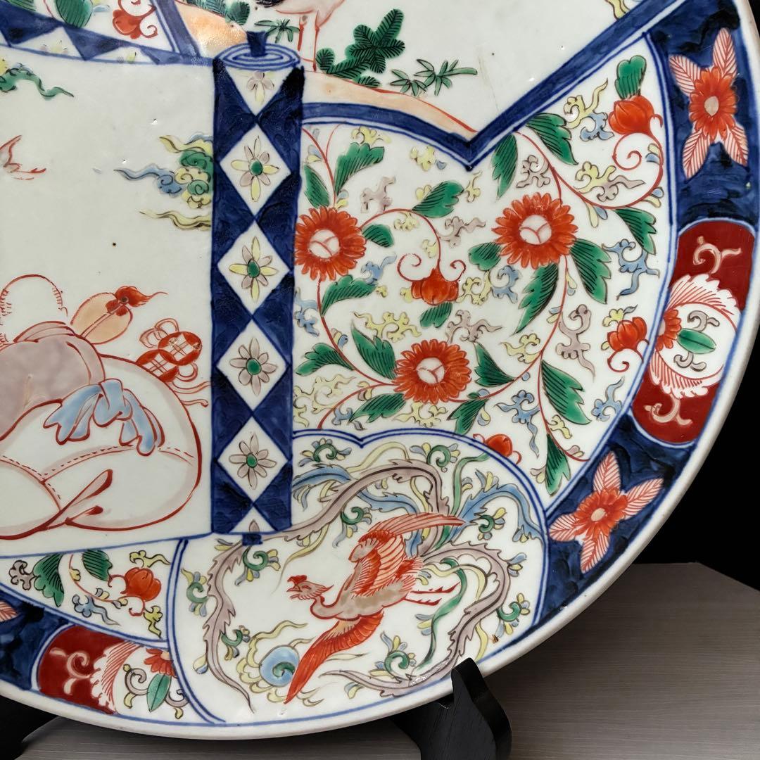 色絵 大皿 約37cm 鳳凰 鶴 縁起物　吉祥文様 窓絵　尺二皿　金継ぎ用　骨董