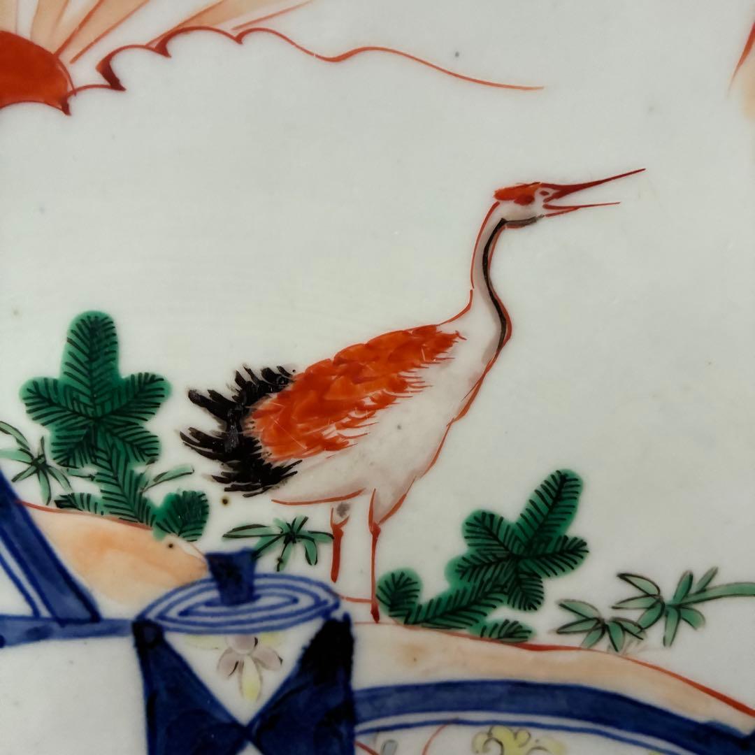色絵 大皿 約37cm 鳳凰 鶴 縁起物　吉祥文様 窓絵　尺二皿　金継ぎ用　骨董