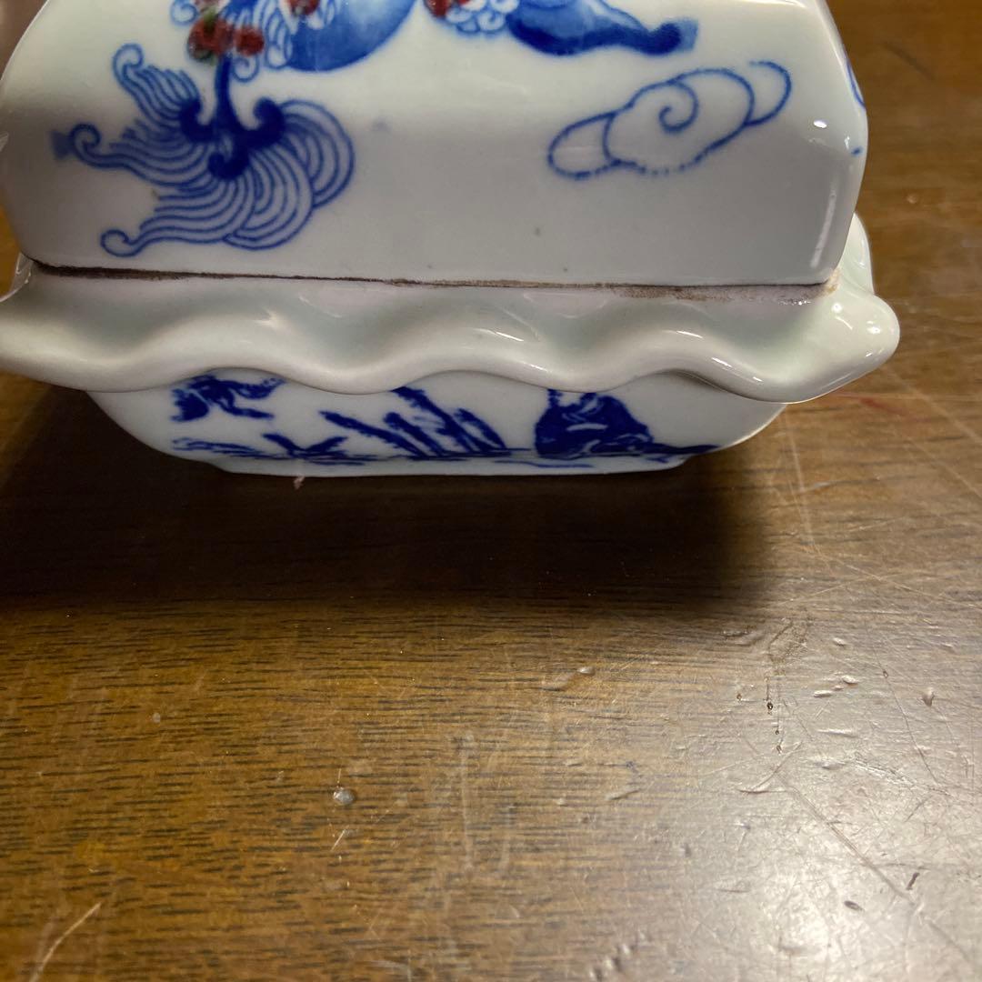 青　骨董　陶磁器蓋付き容器　蓋物　香合