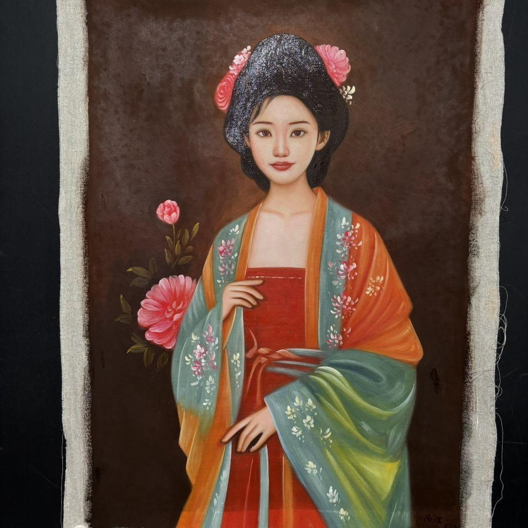 手描き 水彩油画 人物画 尚谊 作品図 中国絵画 約70×100cm 未表装