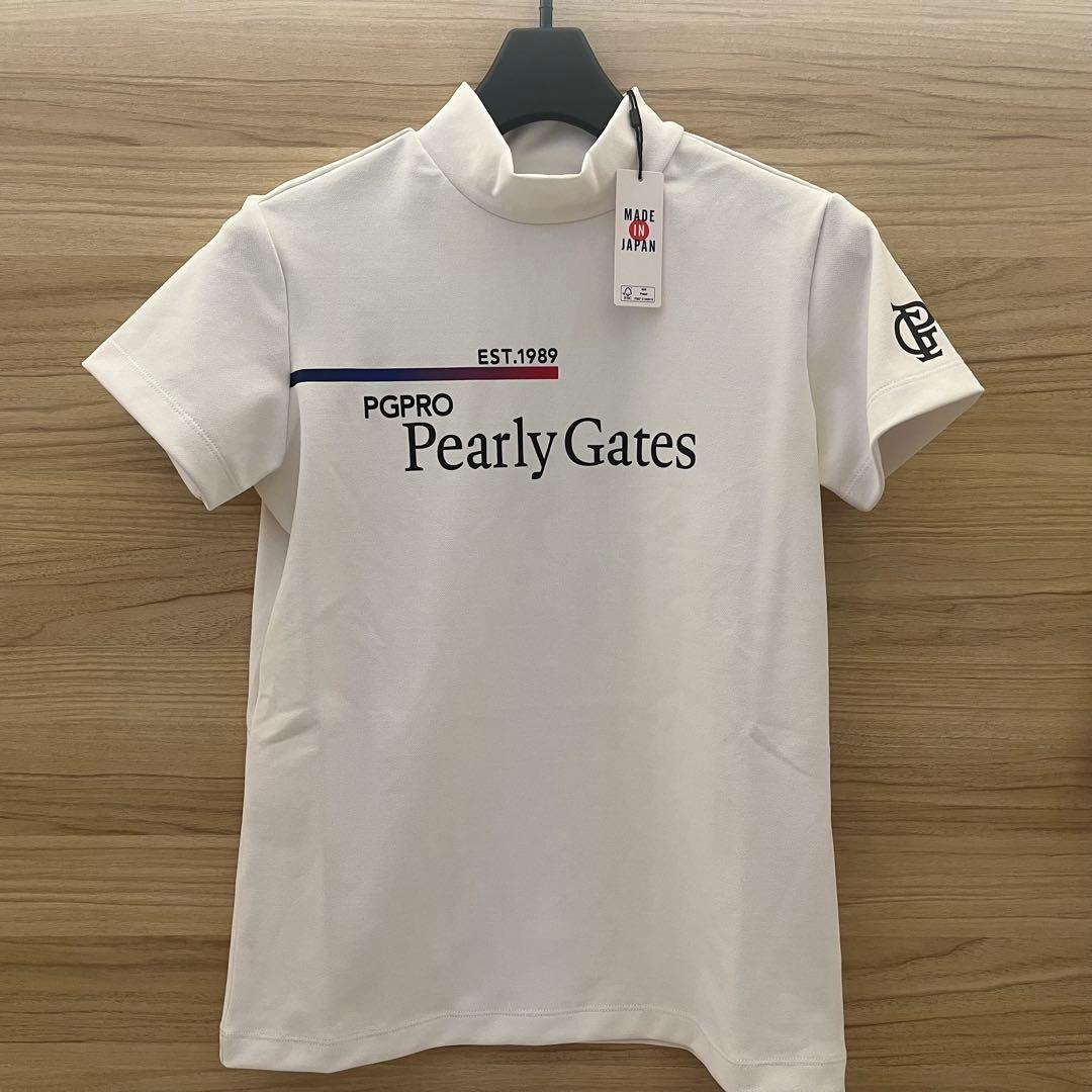 新品★パーリーゲイツ 半袖ハイネックシャツ モックネックシャツ 白×黒ロゴ 0