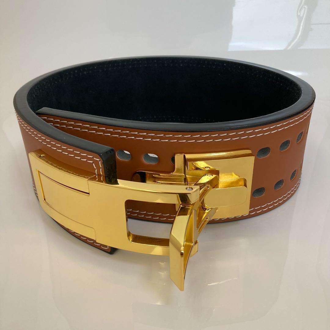 パワーベルト レバーアクション ワンタッチ可変式 XL Brown×金 本革