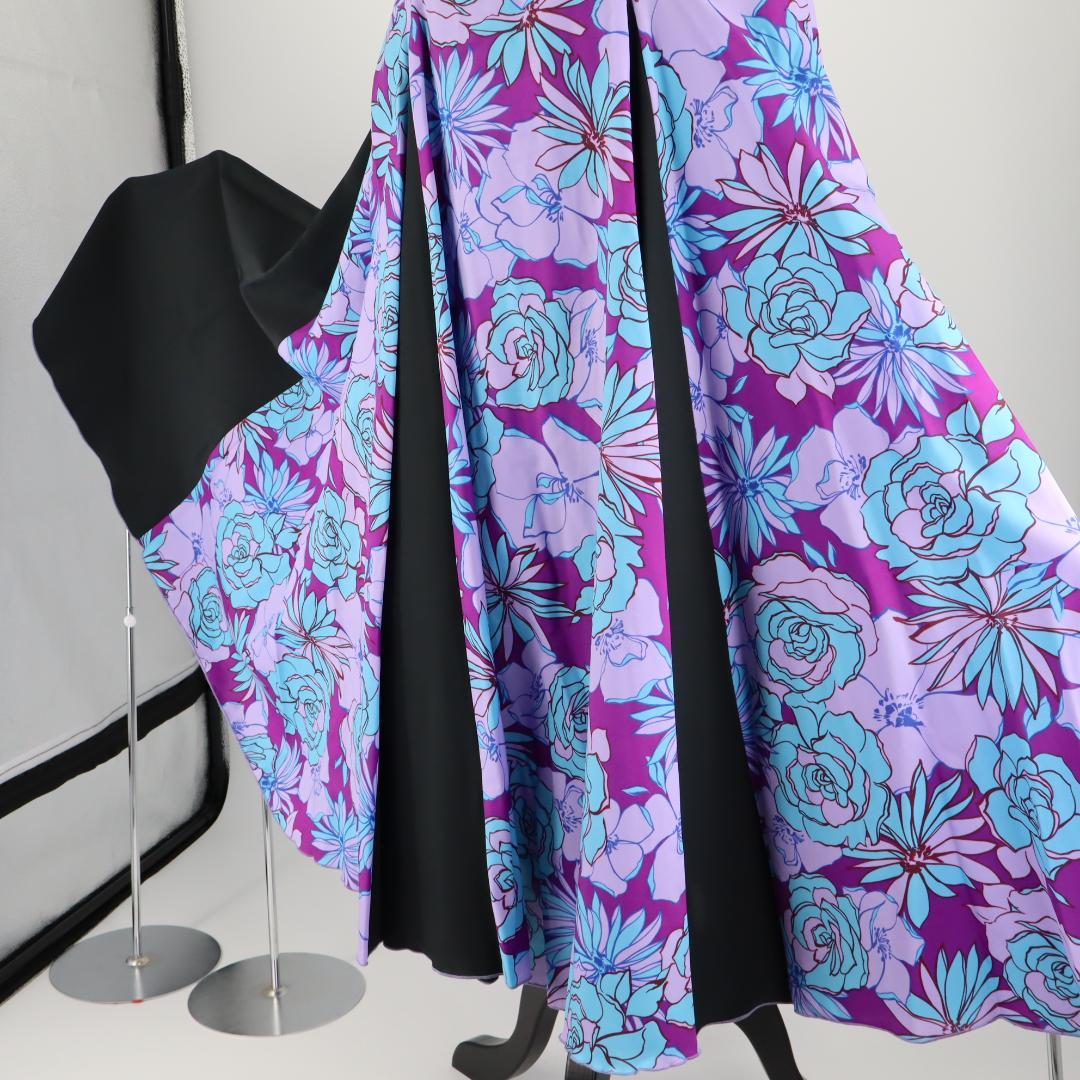 【美品 フラメンコ衣装】パープル×ターコイズブルー×バラ柄 ドレス 胸パット付き