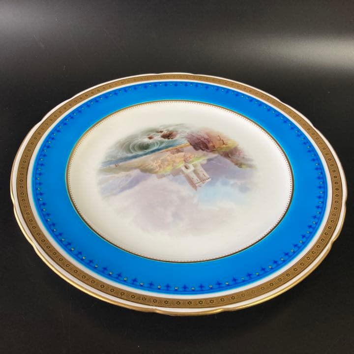 ミントン　ターコイズブルー　古城風景絵図飾皿　エナメル七宝金彩 プレート 大皿