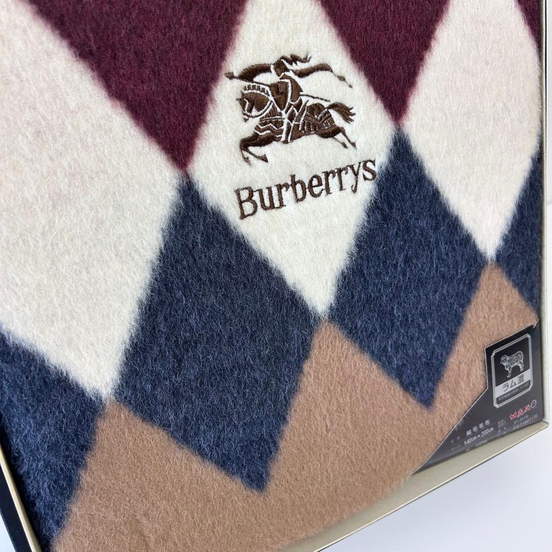 新品 未使用 Burberrys アーガイル柄 純毛毛布 ラム混