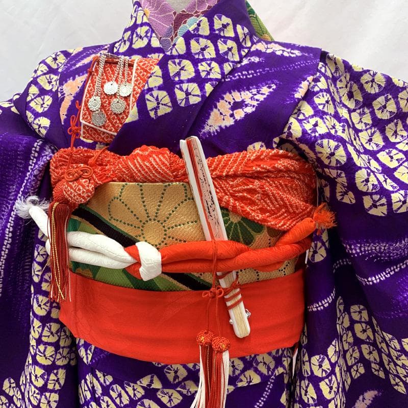 601ag44□七五三 七歳 女児 着物&袋帯 有松鳴海絞 蜘蛛絞り 紫□美品