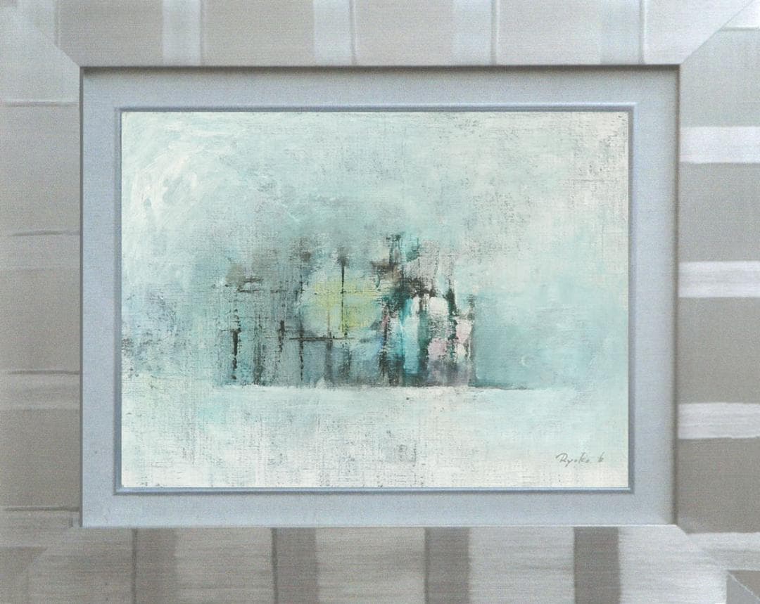 油絵 菅家令子絵 絵画インテリア額付(青緑＋金色の枠)F4-272023風景雪国