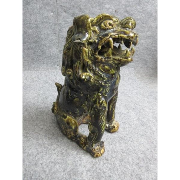 江戸瀬戸焼三彩釉狛犬阿吽一対箱付き [B28591]