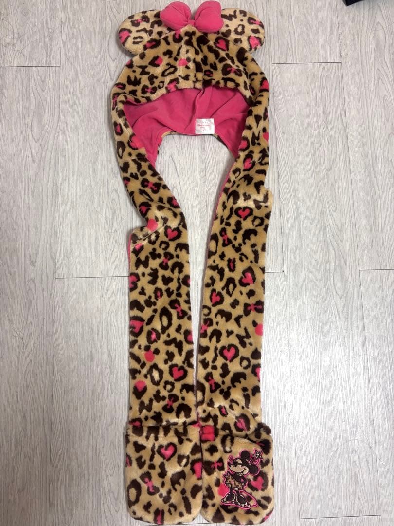 【美品】ヒョウ柄ミニーちゃんマフラーキャップ‪‪❤︎‬